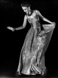 Model Wearing Gold Brocade Evening Dress