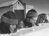 Two Boys and a Girl Up to Their Necks in a Snowdrift Nibbling at the Snow