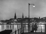 Night Time View of the City of Hamburg  Looking Across River at the New Post War Construction