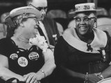Woman at GOP National Convention Displaying Campaign Buttons