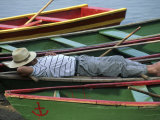Tour Boat Guide Naps in Rowboats on Li River  Guilin  Guangxi  China