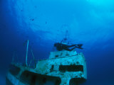 A Diver Exploring a Shipwreck with Fish Nearby
