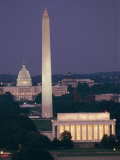 A Night View of the Lincoln Memorial  Washington Monument  and Capitol Building