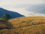 Mountain Bikers on Trail Above Fog-Covered Elk River Valley