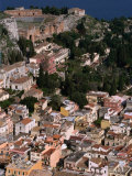 Aerial View of Taormina  with Teatro Greco (Greek Ampitheatre) at Top  Taormina  Sicily  Italy