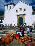 Market on Plaza Mayor with Parish Church in Background  Villa De Leyva  Boyaca  Colombia