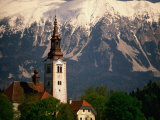 The Belfry of the Church of the Assumption on Bled Island and the Julian Alps  Gorenjska  Slovenia