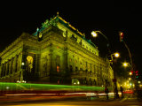 Tram Passing Neo-Renaissance National Theatre at Night  Blur  Prague  Czech Republic
