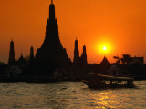 Sunset Over Temple of Dawn (Wat Arun) on River Mae Nam Chao Phraya  Bangkok  Thailand