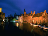 Dijver Lit Up at Dusk with St Saviour Cathedral in Background  Bruges  West-Vlaanderen  Belgium