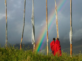 Rainbow and Monks with Praying Flags  Phobjikha Valley  Gangtey Village  Bhutan