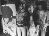 Rolling Stones Bill Wyman  Mick Jagger and Ronnie Woods Stand Beside Poster of Keith Richards