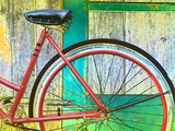 Bicycle Seat and Wheel Against a Barn Wall