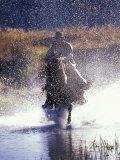Cowboy on Horseback Galloping through River  Ponderosa Ranch  Seneca  Oregon  USA