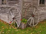 Old Wooden Barn with Wagon Wheels in Rural New England  Maine  USA