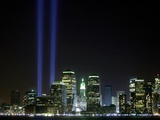 The Twin Lights Memorial Rises Above the New York City Skyline from the Waterfront