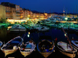 Boats in Port and Waterfront Buildings at Night  St Tropez  France