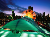Overhead of Navy Pier and Ferris Wheel with City Skyline at Dusk  Chicago  United States of America