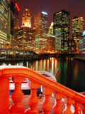 Chicago River and City Buildings at Night from Michigan Avenue Bridge  Chicago  USA