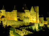 Chateau Comtal and Medieval Walled City at Night Above "New Town"  Carcassonne  France