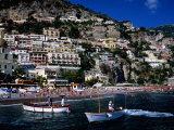 Houses Terraced into Rugged Amalfi Coastline  Boats in Foreground  Positano  Italy