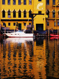 Boats and Buildings in Warehouse District Reflected in Cuyahoga River  Cleveland  USA