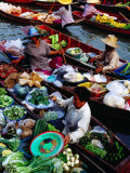 Wooden Canoes Laden with Goods for Sale at Floating Market  Damnoen Saduak  Thailand
