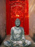 Buddha at Ornate Red Door  Ubud  Bali  Indonesia