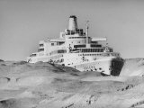 Ocean Liner "Oriana" Passing Through Desert Dunes Going Through Suez Canal