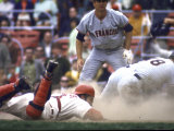 Cincinnati Redlegs' Catcher Johnny Bench Tagging Runner in Game Against San Francisco Giants