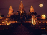 Full Moon over Angkor Wat Temple Ruins of Ancient Khmer Kingdom with Stupas Rising Above