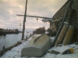 Lobster Traps and Floats Hanging from Crosspole Used to Mark Location in Winalhaven Island  Maine