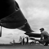 Sac's B-36 Bomber Plane Getting a Thorough Inspection of Its Engines by Maintenance Mechanics