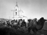 Camels Pulling loaded wagons  Driven by Russians Along Muddy Road Past Russian Orthodox Church