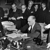 Pres Franklin D Roosevelt Signing Declaration of War Following Japanese Bombing of Pearl Harbor