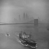 Downtown NY Seen through Mist Hovering over River  Yamashita Line Ship Coasting and Bridge