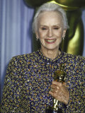 Actress Jessica Tandy Holding Her Oscar in Press Room at Academy Awards