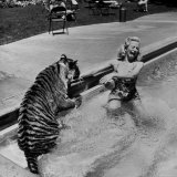Actress Marilyn Maxwell Playing with a Tiger in a Pool