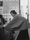 Model Wearing Checkered  Deep Cuffed Fleece Coat Designed by Pauline Trigere