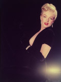 Actress Marilyn Monroe Wearing Low Cut Black Dress and Gloves  and Rhinestone Earrings