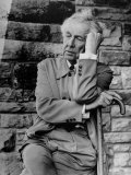 Midwestern Architect Frank Lloyd Wright sits against stone wall