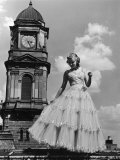 Model in Frilly Party Gown Featuring Tulle Embroidered in Paillettes for Sale at Neiman Marcus
