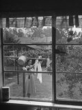 Suburban Housewife Hanging Out a Bit of Laundry  Seen Through Window in typical California Home
