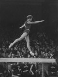 Russian Gymnast Larisa Latynina Competing on the High Beam in the Olympics