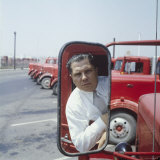 Union President Jimmy Hoffa's Image Reflected in Rear View Mirror in Red Truck