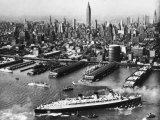 Tugboats Aid Ocean SS Queen Mary While Docking at 51st Street Pier with NYC Skyline in Background