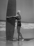 Claudette Colbert in White Swim Cap and Two Piece Bathing Suit on Santa Monica Beach