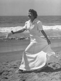 Claudette Colbert in Zippered  Terry Cloth Beach Robe  Sashaying Along Surf at Santa Monica Beach