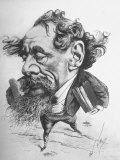 French Caricature of English Novelist Charles Dickens as a Colossus Striding from London Across