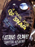 Close Up of Slogans on Gas Tank of Hell's Angels Member